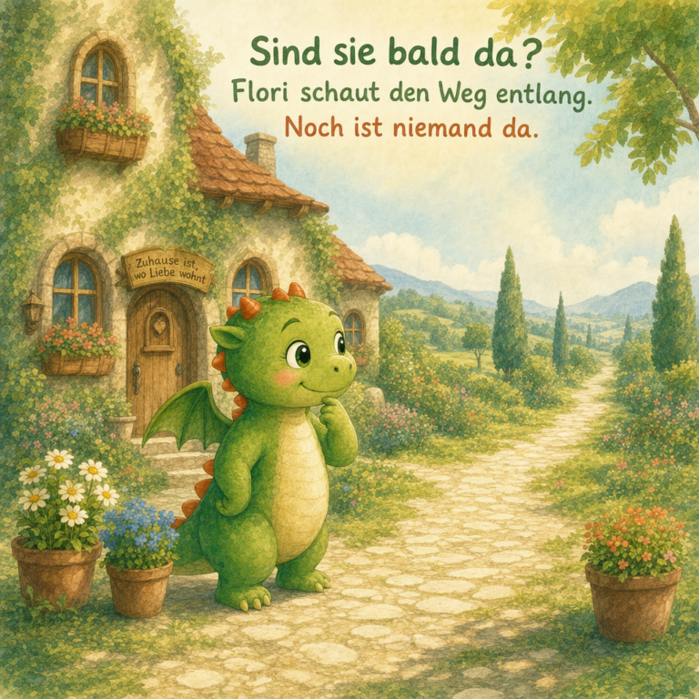 Flori Feuerkopf schaut den Weg entlang – „Sind sie bald da?“ (KI-generierte Illustration)